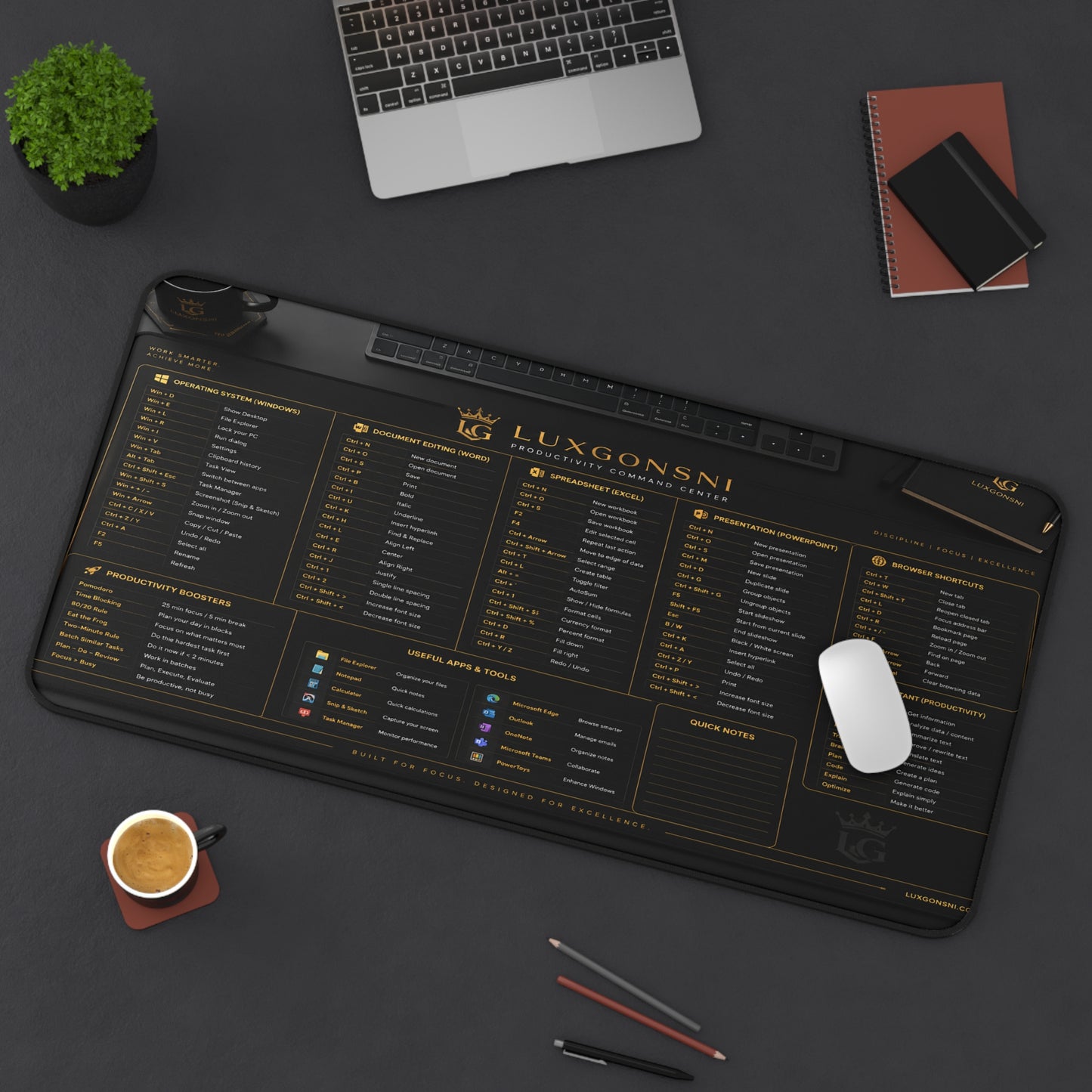 Office Mouse Pad 16x32 - Black & Gold Professional Design