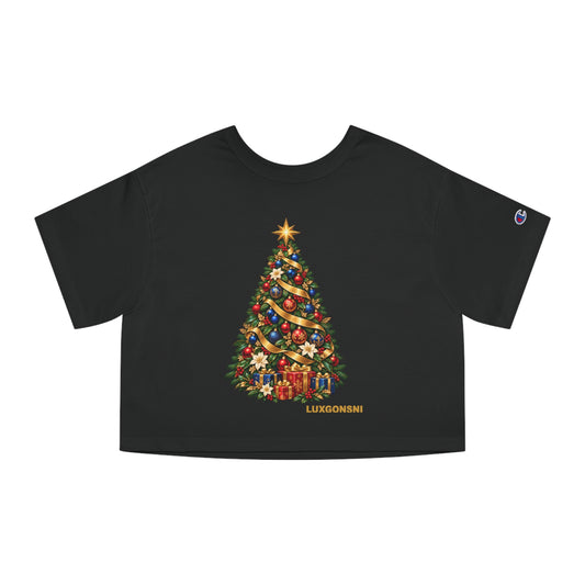 A black short-sleeve crop top t-shirt featuring a colorful Christmas tree graphic on the front with the brand name 'LUXGONSNI' printed below it, displayed on a clean white background.