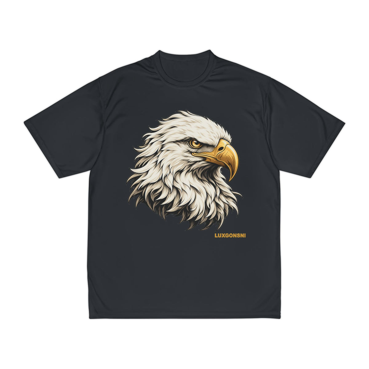A black short-sleeve crewneck t-shirt featuring a detailed graphic of a bald eagle's head on the chest, with the name 'LUXGONSNI' printed in small gold text below the graphic.