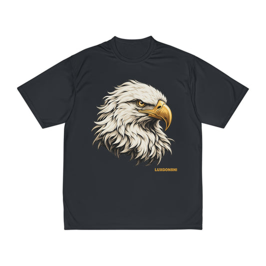 A black short-sleeve crewneck t-shirt featuring a detailed graphic of a bald eagle's head on the chest, with the name 'LUXGONSNI' printed in small gold text below the graphic.
