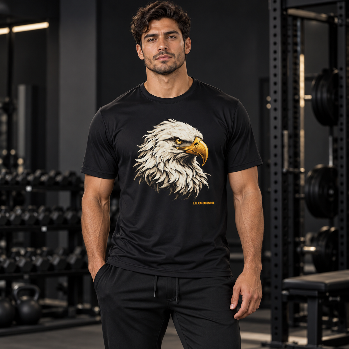 A muscular man wearing a black crewneck t-shirt with a large graphic print of a bald eagle's head on the front, standing in a gym with weight racks in the background.