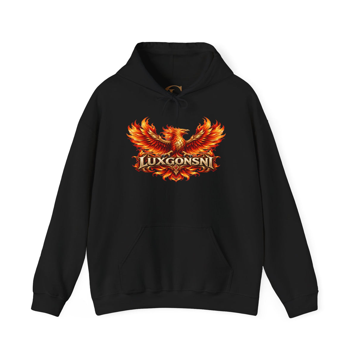 Man wearing a black LUXGONSNI pullover hoodie with a red, orange, and gold phoenix graphic across the chest, outdoors at sunset.