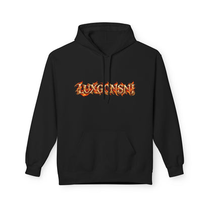 Black LUXGONSNI pullover hoodie with ornate red-and-gold lettering across the chest, black drawstrings, and a front kangaroo pocket.