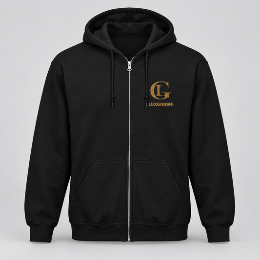 Black LUXGONSNI full-zip hoodie with gold-tone logo embroidery on the left chest and plain sleeves.