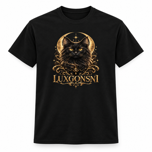 LUXGONSNI Midnight Cat Unisex T-Shirt — Black & Gold-Tone Design