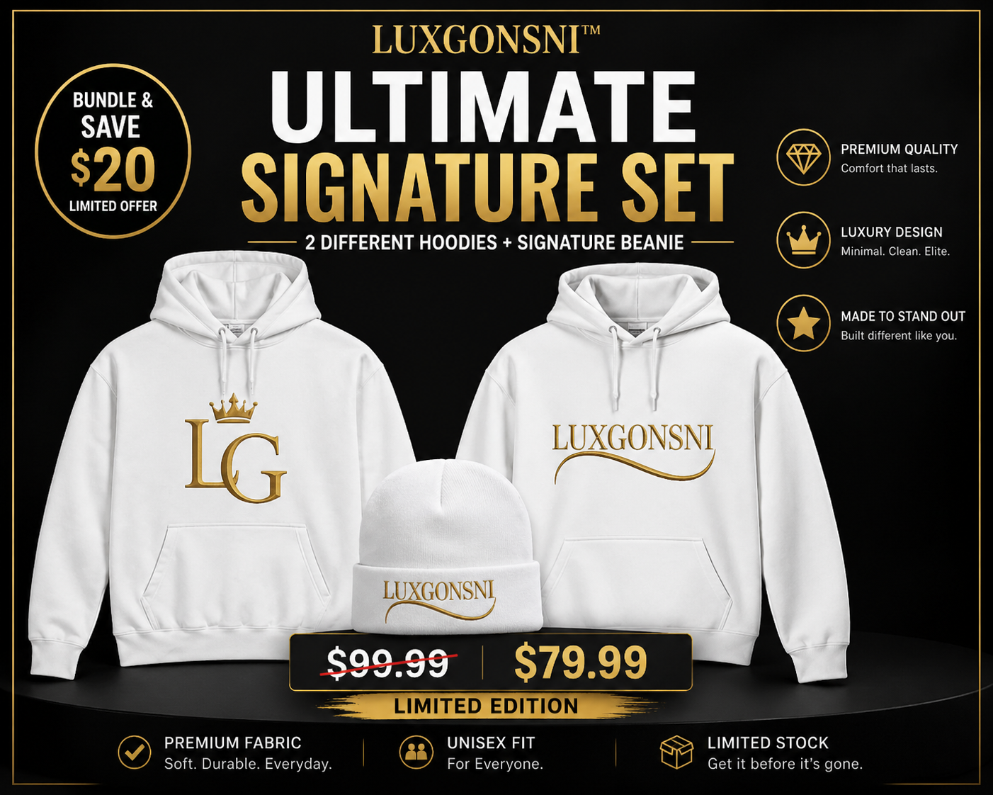 LUXGONSNI™ Elite Identity Set — (2 Hoodies + Signature Gold Beanie)