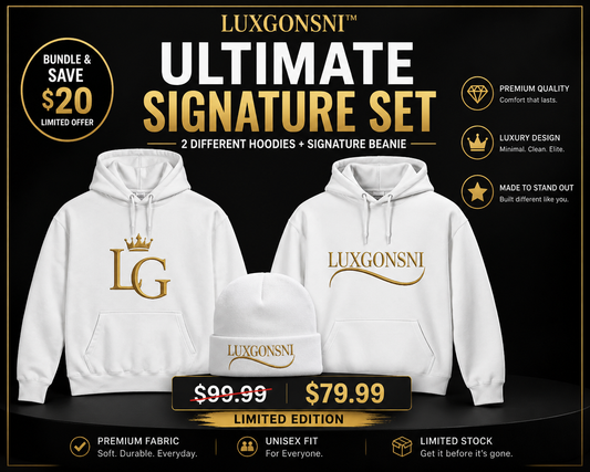 LUXGONSNI™ Elite Identity Set — (2 Hoodies + Signature Gold Beanie)